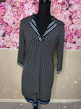 Max Studio Women's Printed Shift Dress 3/4 Sleeves Split Neck Blue Back Stretch